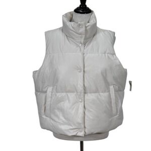 Old Navy Faux Leather Puffer Vest Women’s Large Ivory White Snap Front